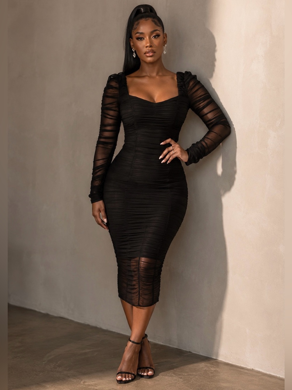 Fashion Nova Did You Mesh Me Black Fitted Stretch Dress Long Sleeves Mesh Sz XS